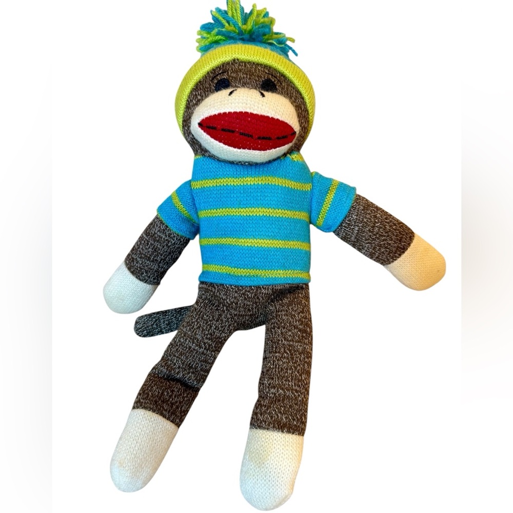 2/$30 Unusual Sock Monkey Plush Toy -with Blue and Green sweater & hat - Picture 1 of 5